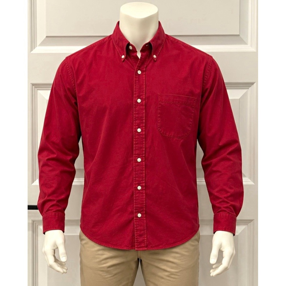 Lands' End Men's Long Sleeve Button-Down Shirt Red Solid Cotton L Regular